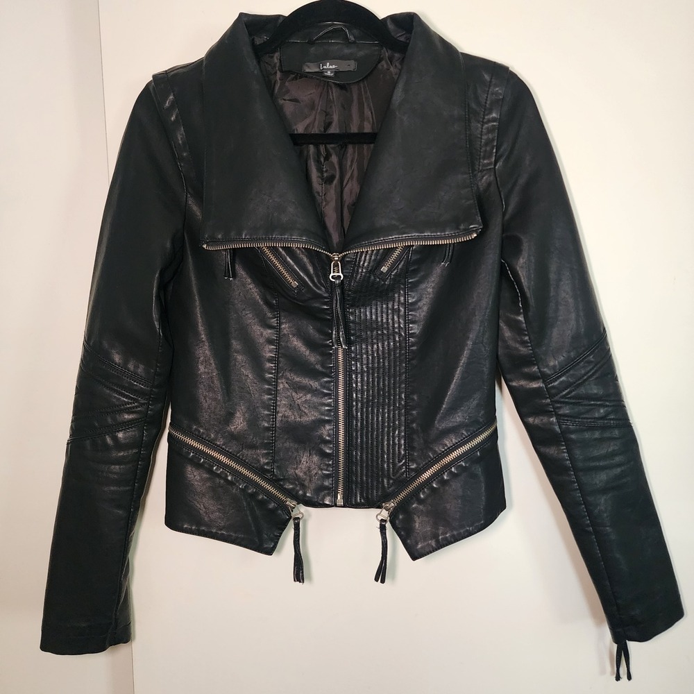Lulus Moto Jacket Women Small Black Excellent Vegan Leather Ribbed Zip Biker
